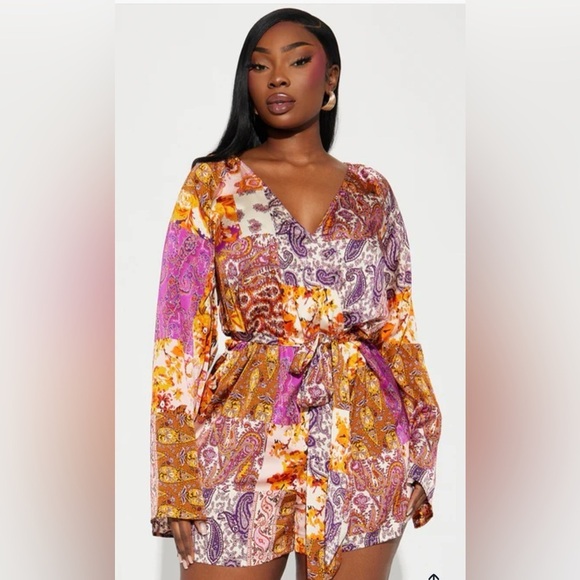 Fashion Nova Pants - Fashion Nova Always On Vacation Romper - Purple/combo Silk Soft Size XL